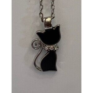 Children’s Black Cat Rhinestone Pendant Necklace Silver Chain Fashion Jewelry